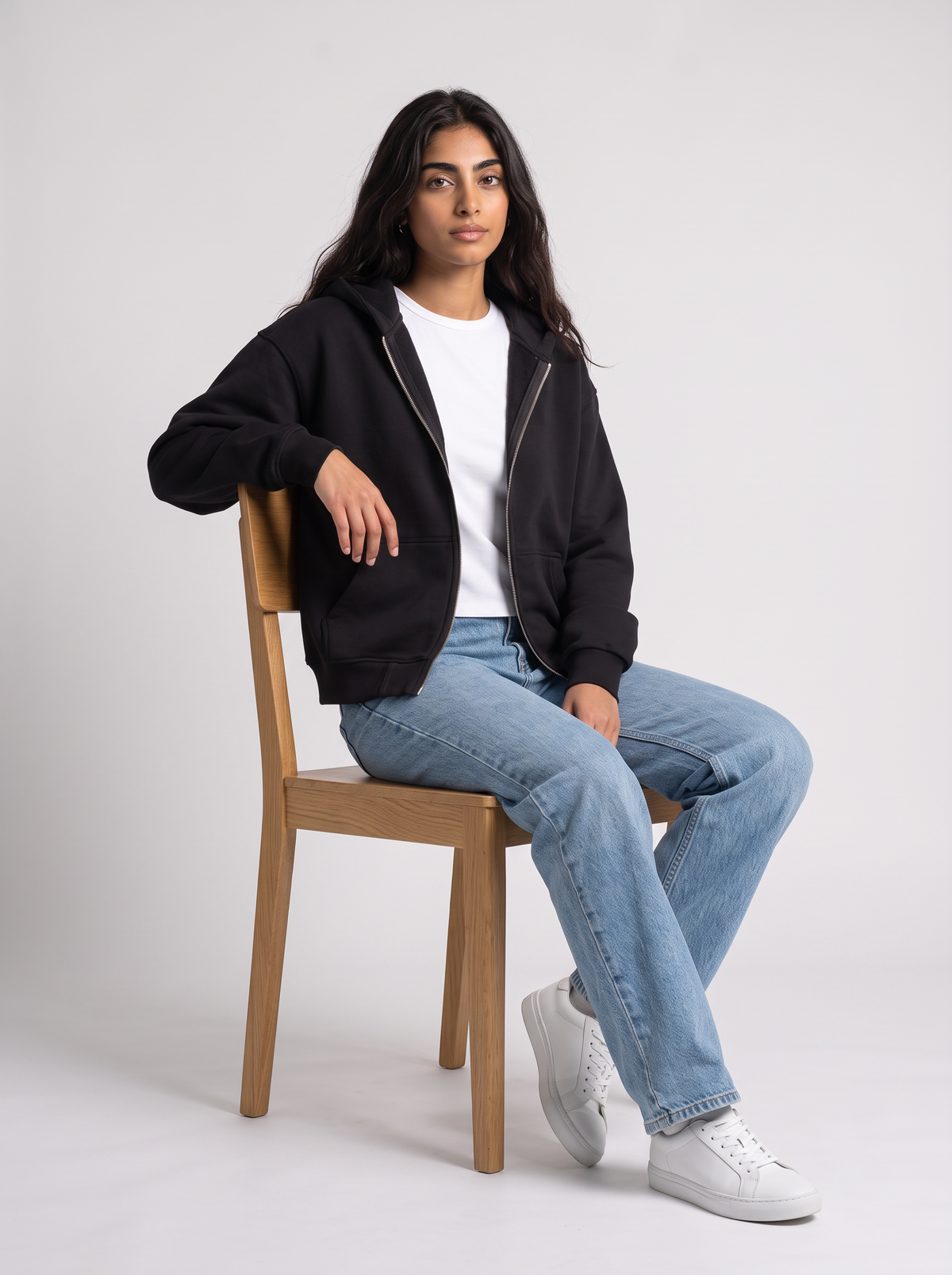 Double Zip Hoodie - Black styled with jeans