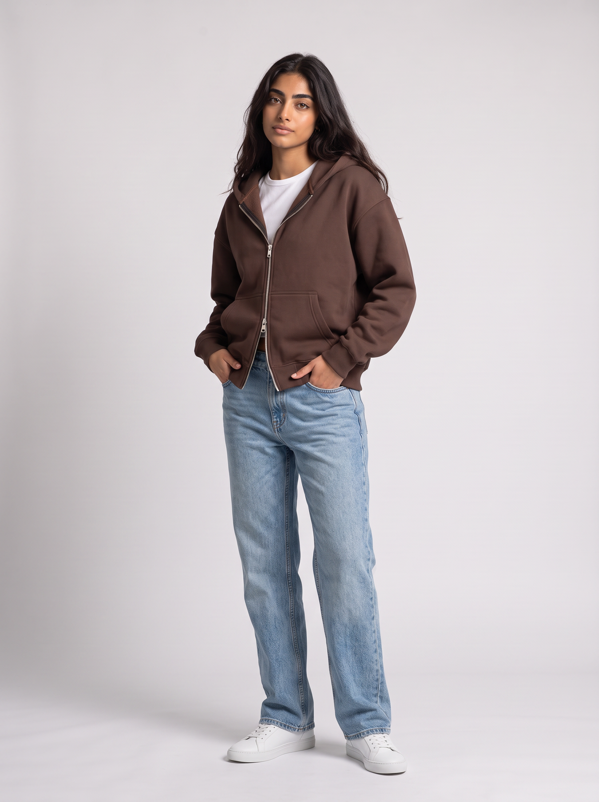 Double Zip Hoodie - Brown styled with jeans