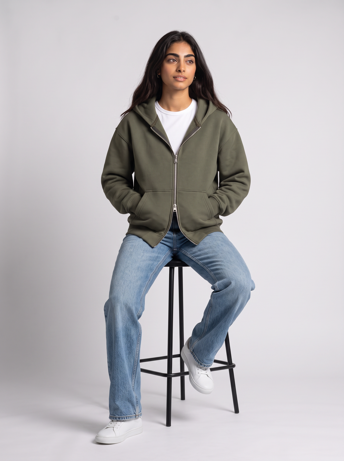 Double Zip Hoodie - Olive styled with jeans