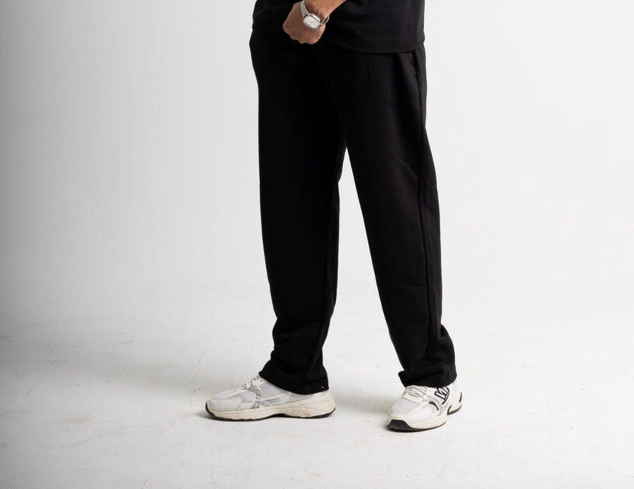 Straight Leg Melton Cotton Sweatpants - Black