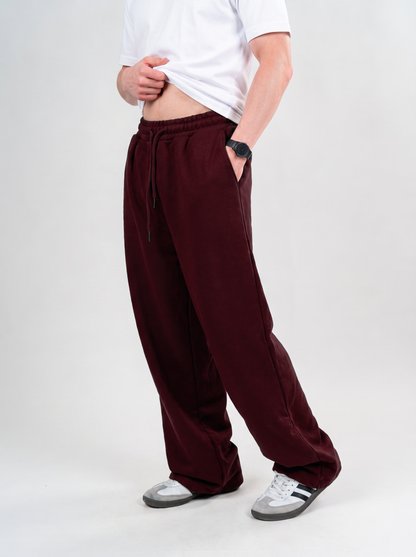 Wide Leg Melton Cotton Sweatpants - Burgundy