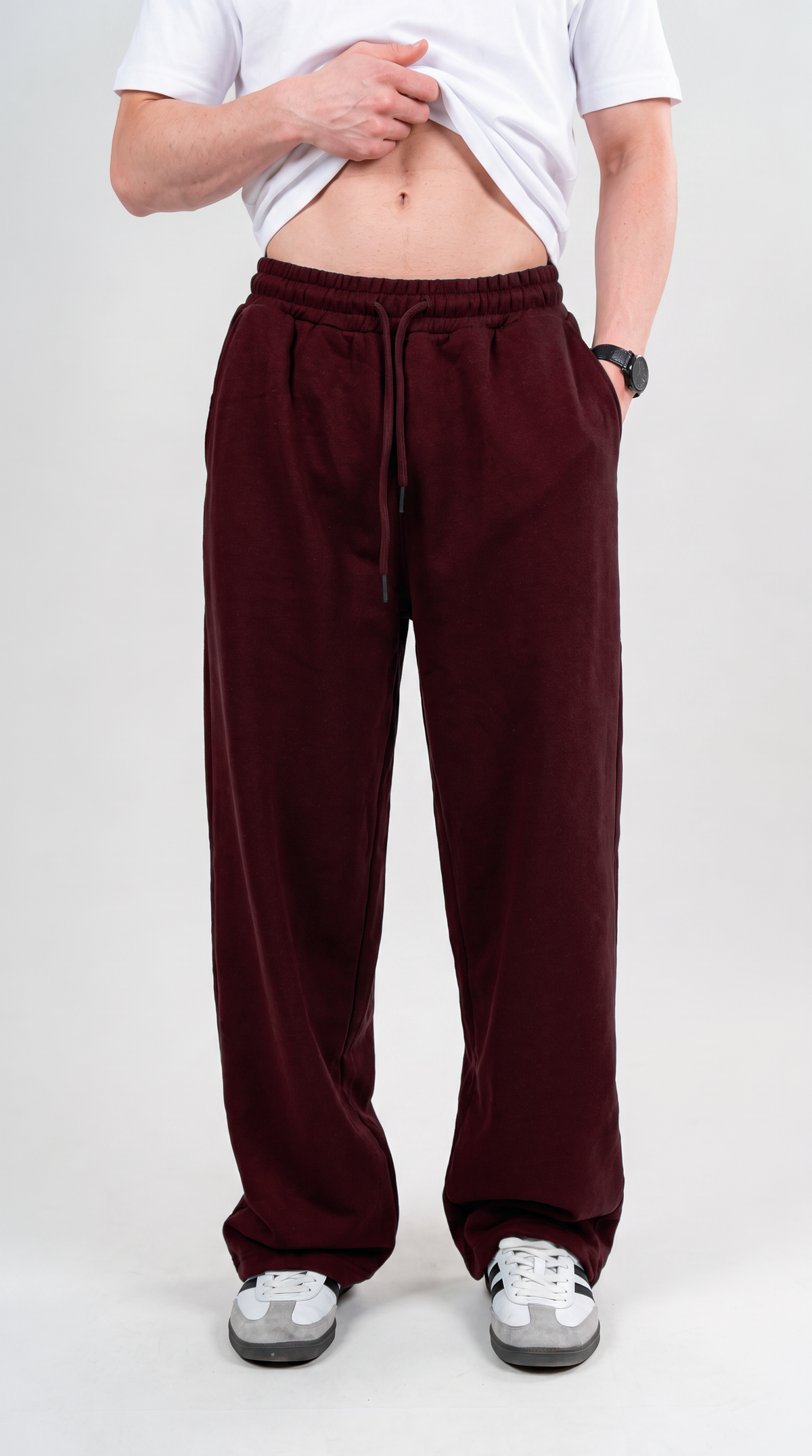 Wide Leg Melton Cotton Sweatpants - Burgundy