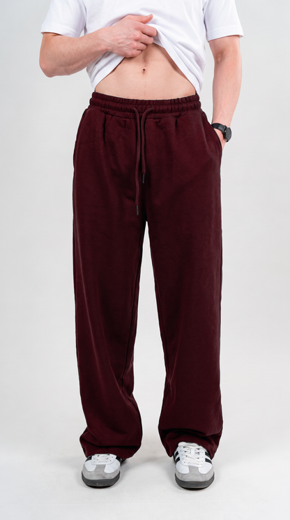 Wide Leg Melton Cotton Sweatpants - Burgundy