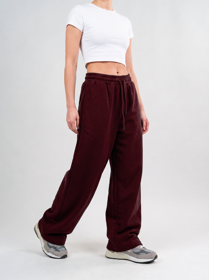 Wide Leg Melton Cotton Sweatpants - Burgundy