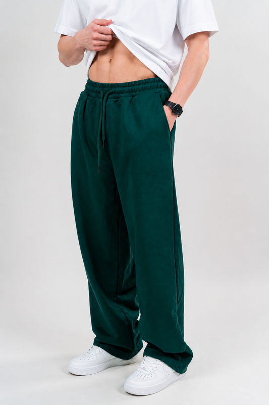 Wide Leg Melton Cotton Sweatpants - Dark Green