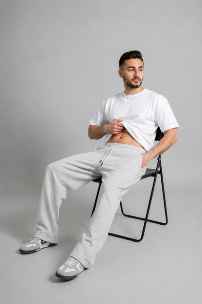 Wide Leg Melton Cotton Sweatpants - Heather Gray