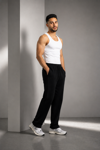 Straight Leg Melton Cotton Sweatpants - Black