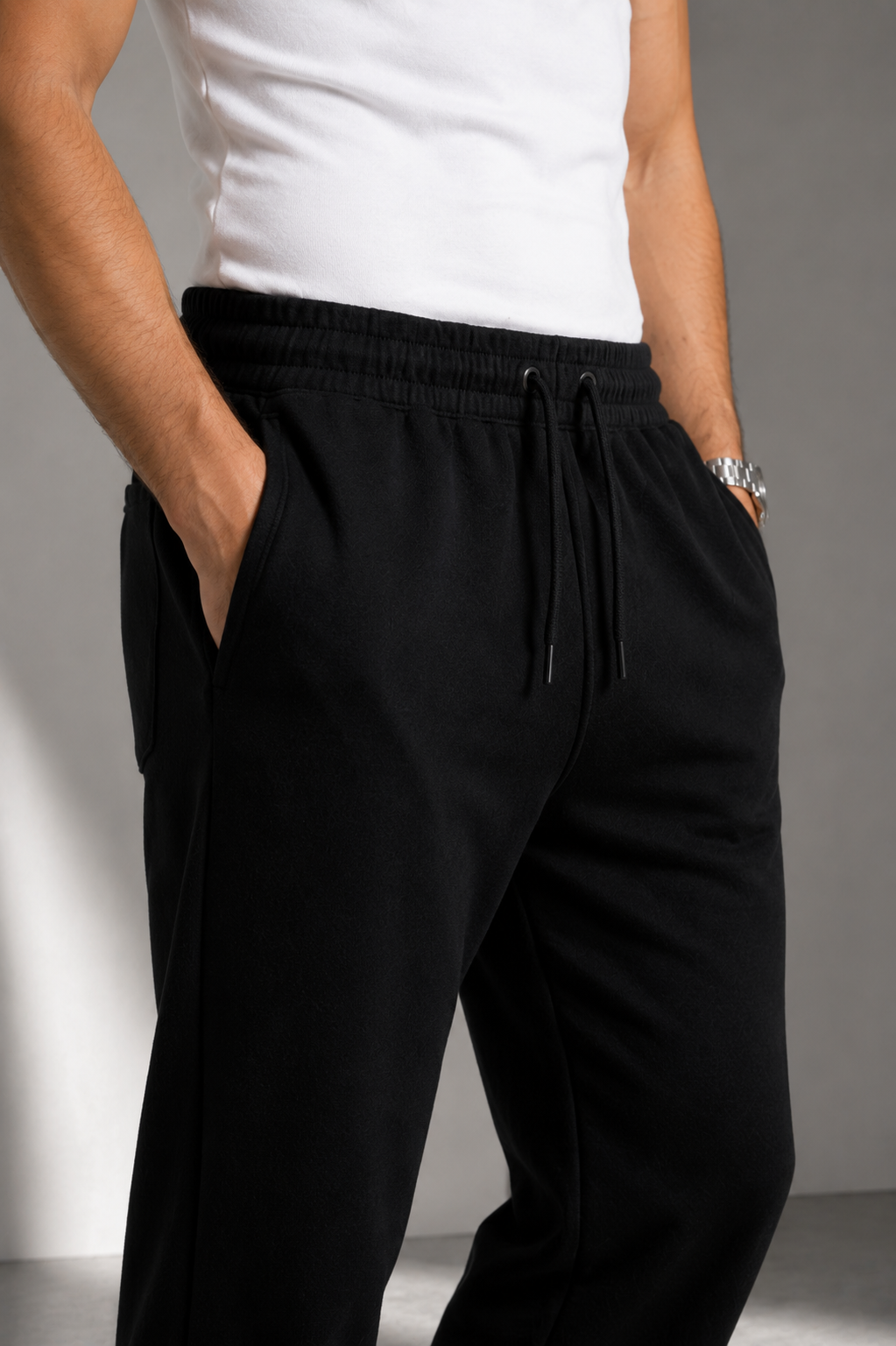 Straight Leg Melton Cotton Sweatpants - Black