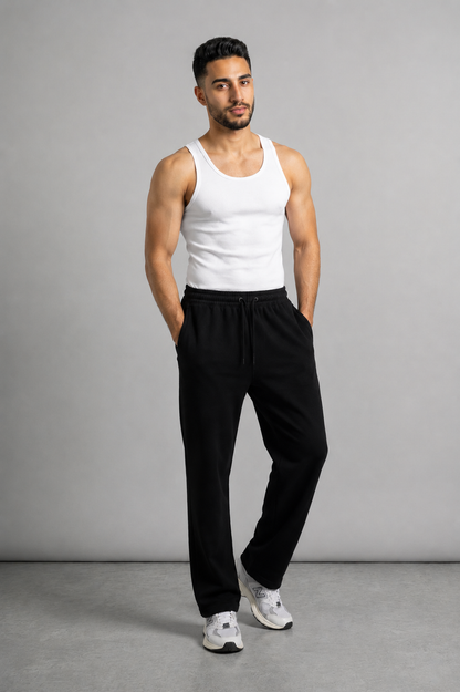 Straight Leg Melton Cotton Sweatpants - Black