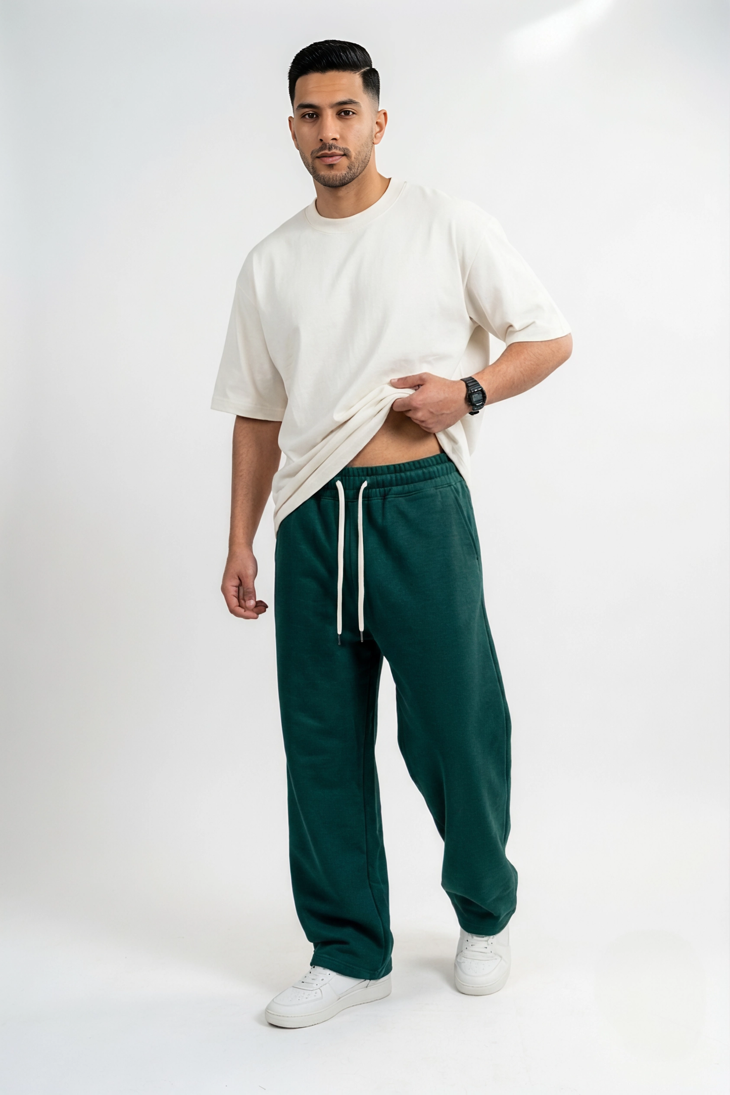 Wide Leg Melton Cotton Sweatpants - Dark Green
