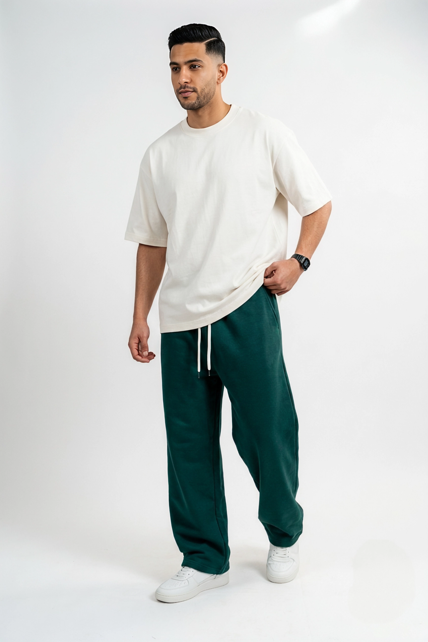 Wide Leg Melton Cotton Sweatpants - Dark Green