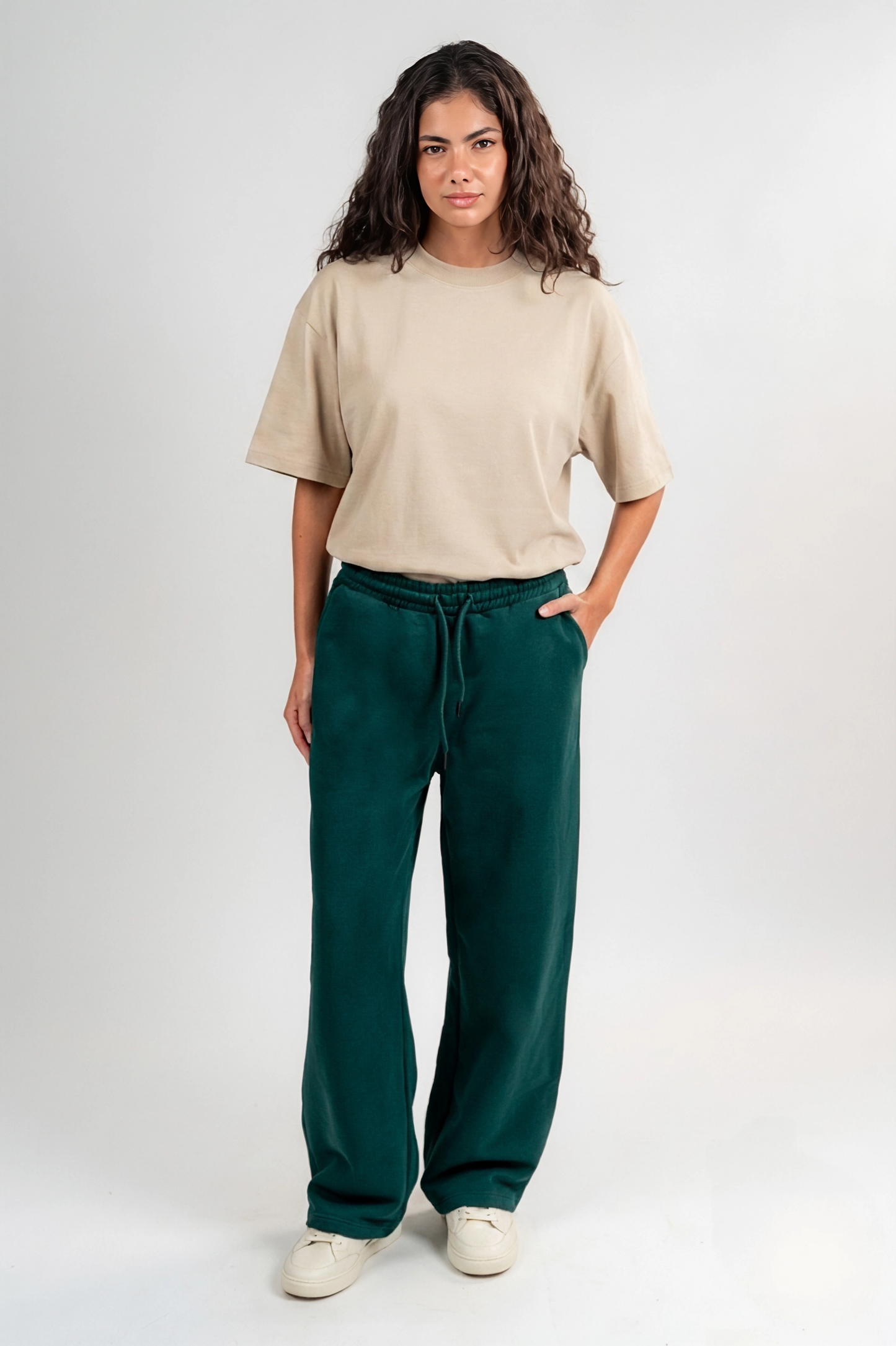Wide Leg Melton Cotton Sweatpants - Dark Green