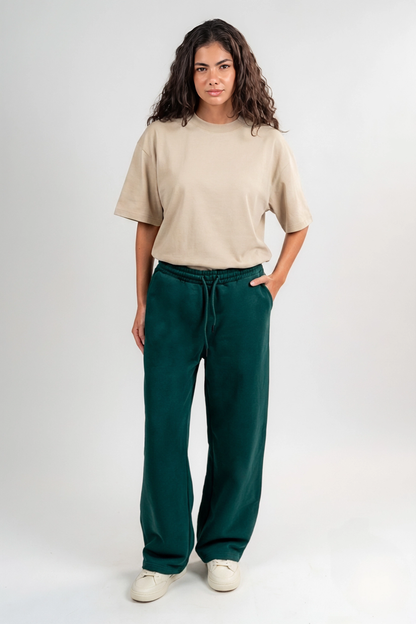 Wide Leg Melton Cotton Sweatpants - Dark Green