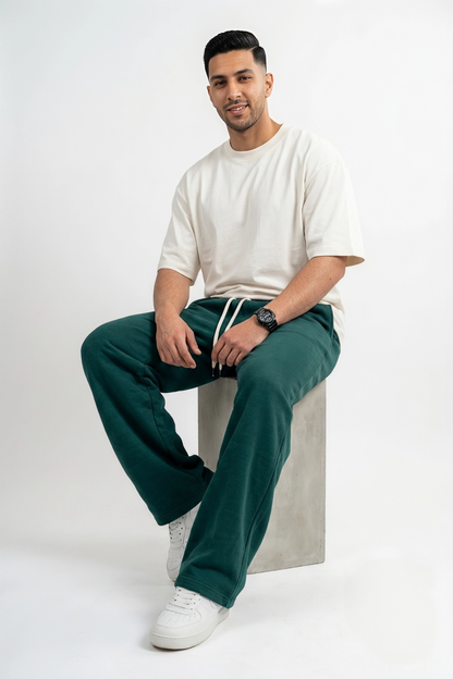 Wide Leg Melton Cotton Sweatpants - Dark Green