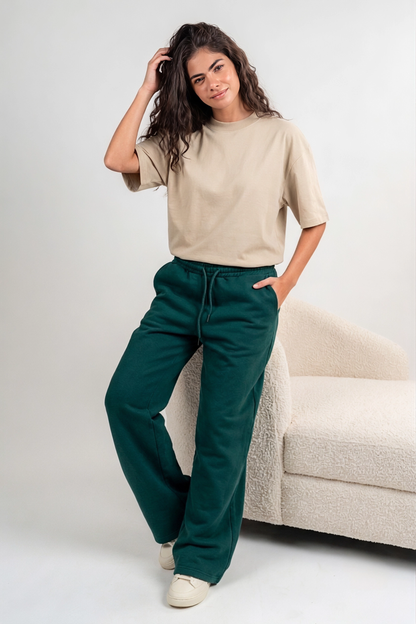 Wide Leg Melton Cotton Sweatpants - Dark Green