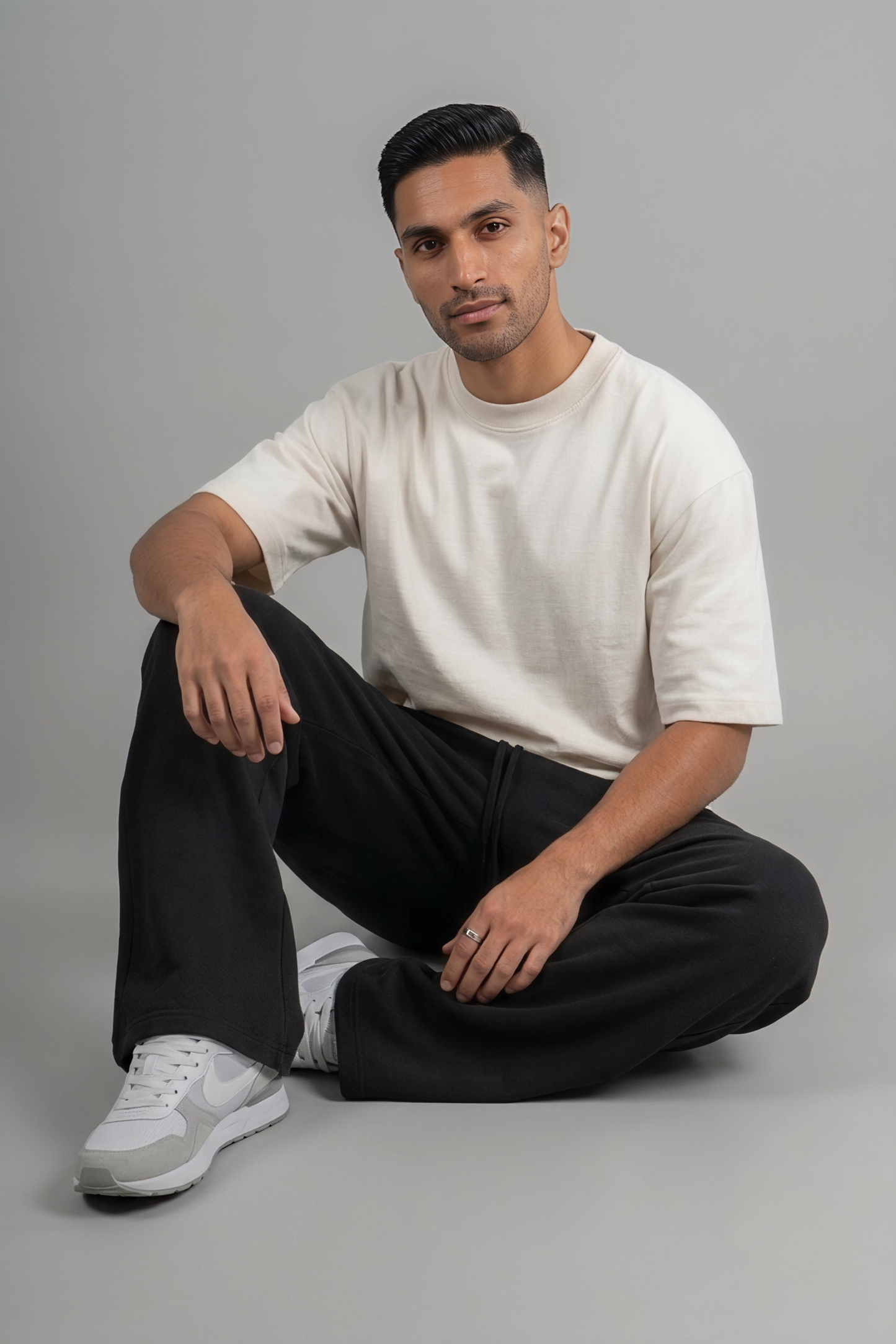 Wide Leg Melton Cotton Sweatpants - Black