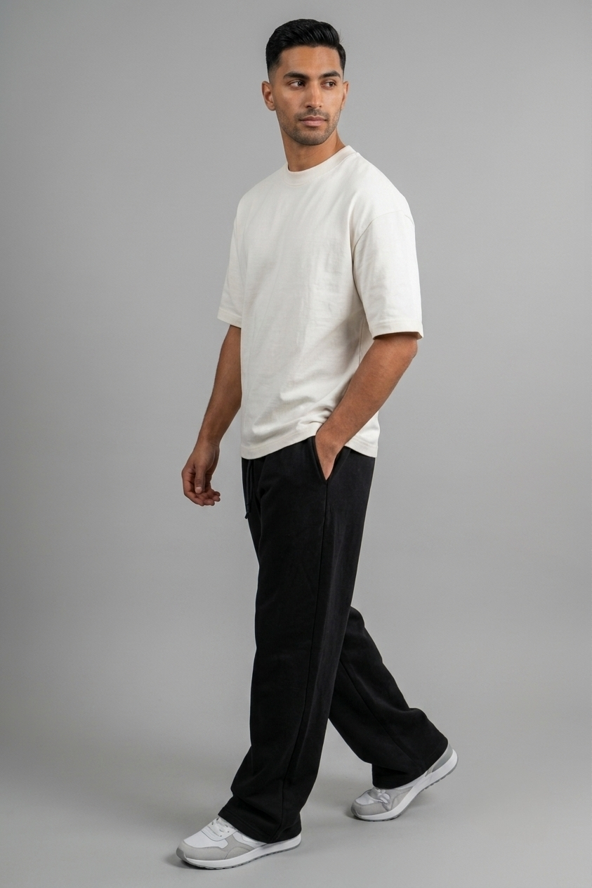 Wide Leg Melton Cotton Sweatpants - Black