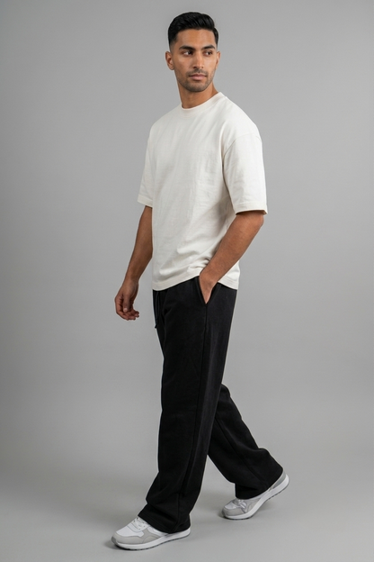 Wide Leg Melton Cotton Sweatpants - Black