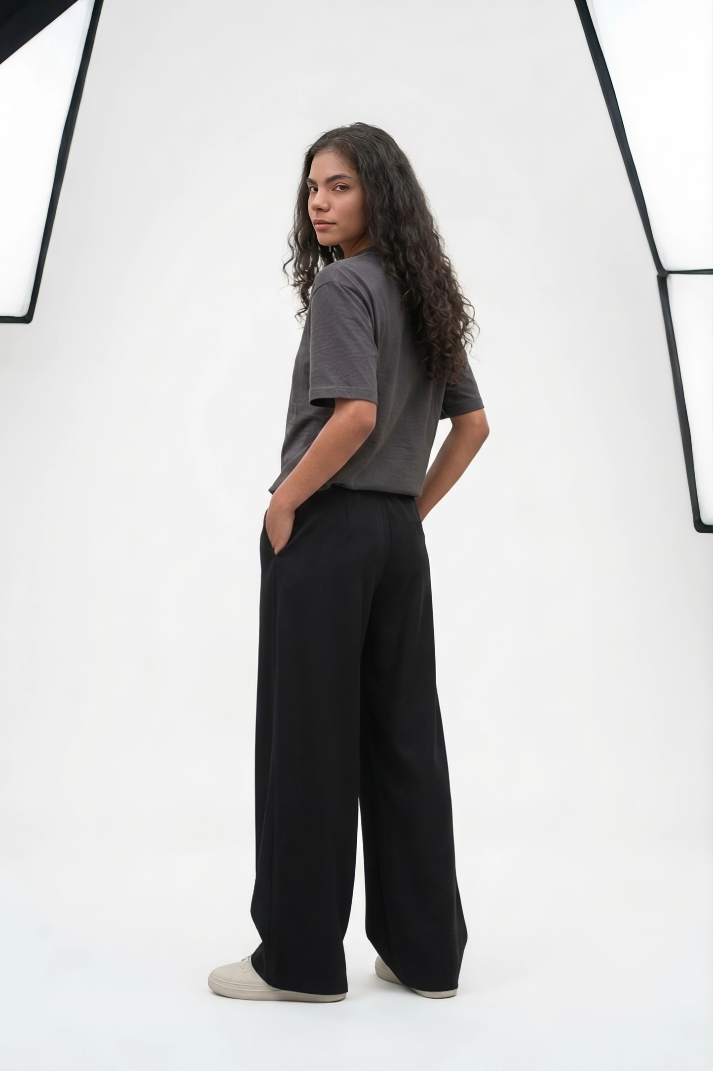 Wide Leg Melton Cotton Sweatpants - Black