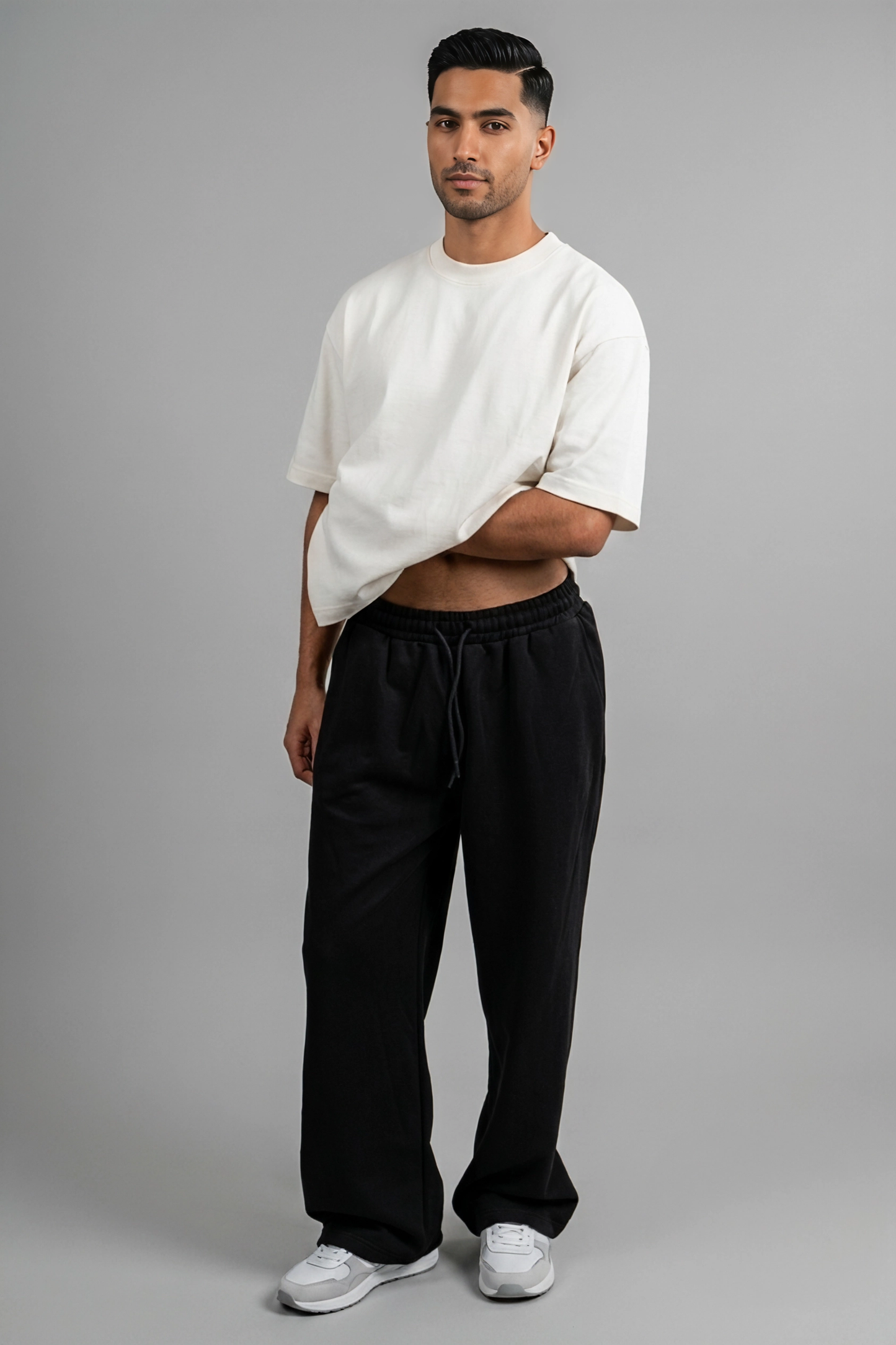 Wide Leg Melton Cotton Sweatpants - Black