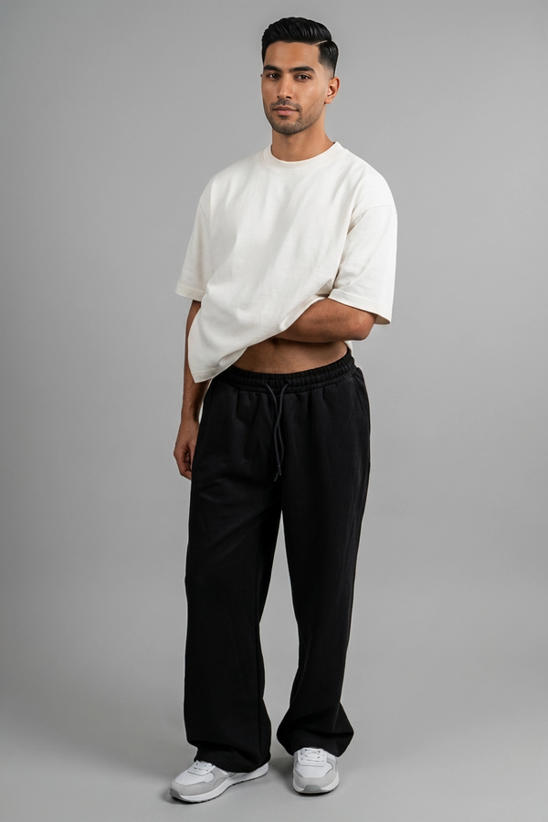 Wide Leg Melton Cotton Sweatpants - Black
