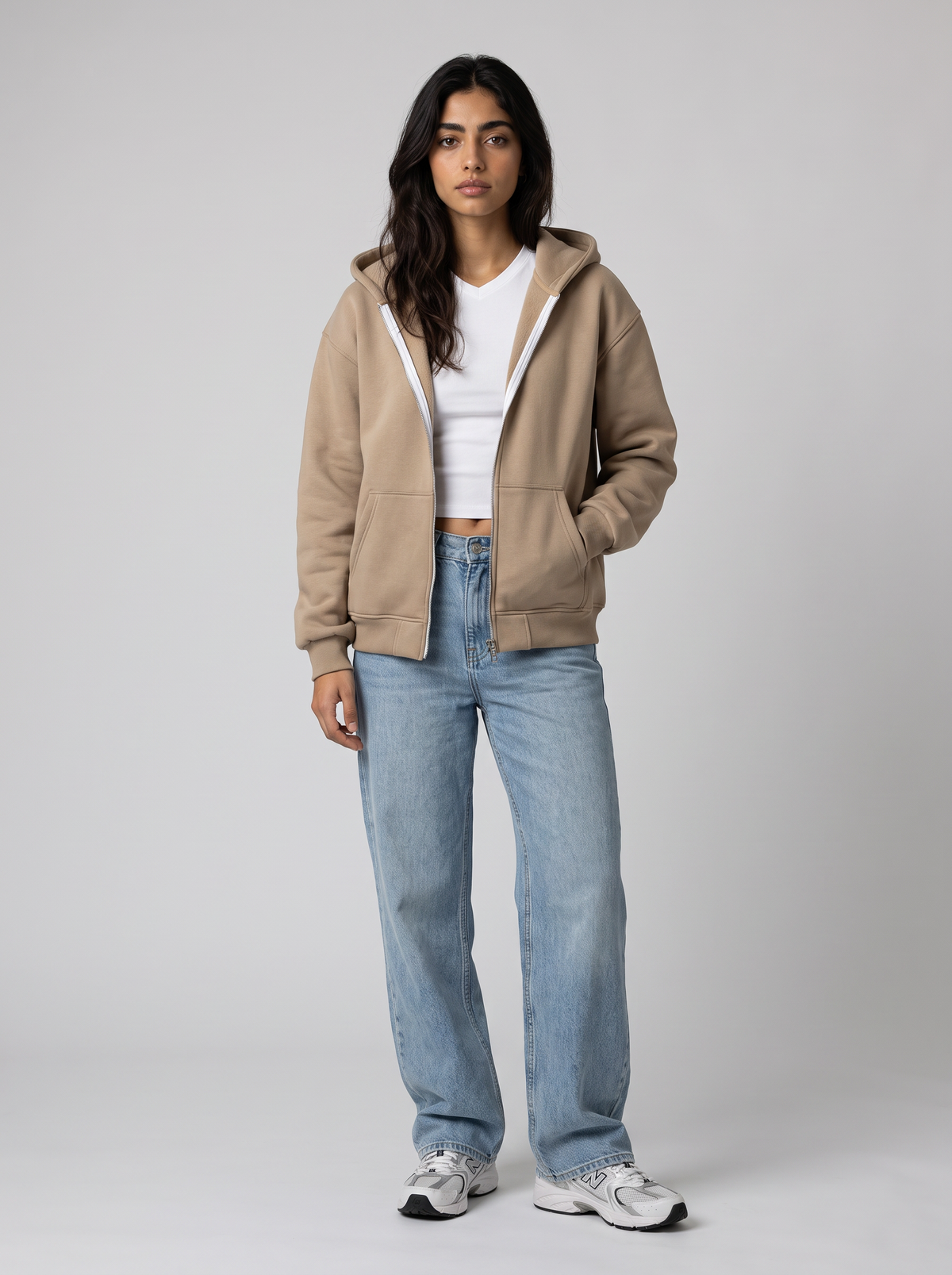 Double Zip Hoodie - Beige - Aura Front Hero