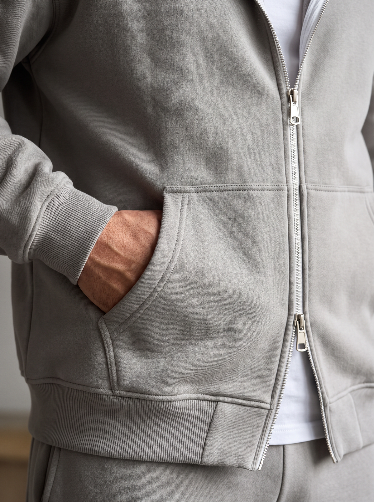 Double Zip Hoodie - Grey - Aura Detail