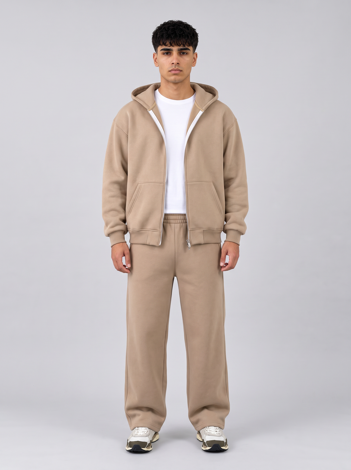 Full Set Double Zip Hoodie - Beige - Pulse Set Front