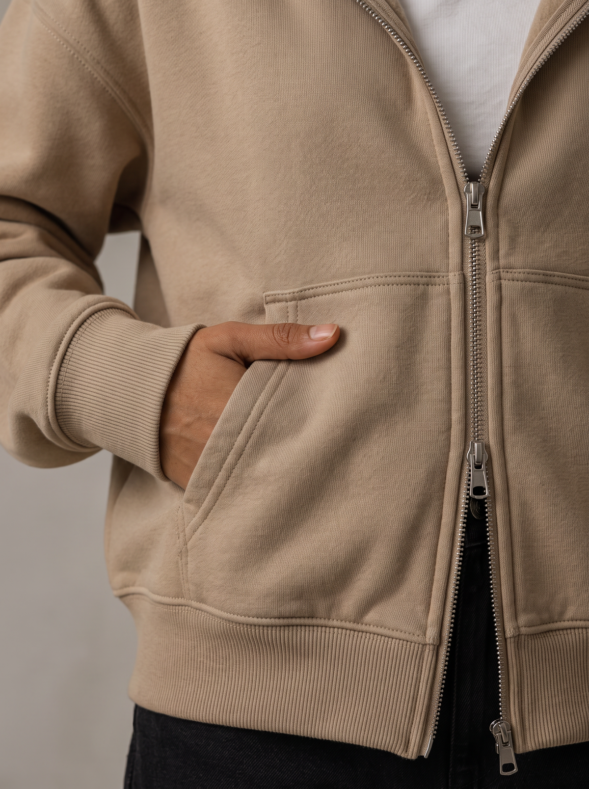 Double Zip Hoodie - Beige - Aura Detail