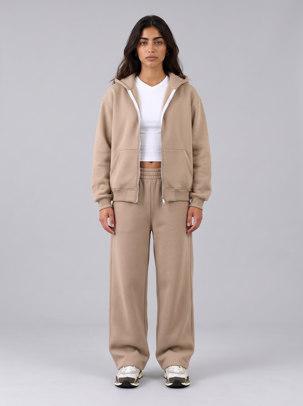 Full Set Double Zip Hoodie - Beige - Aura Set Front