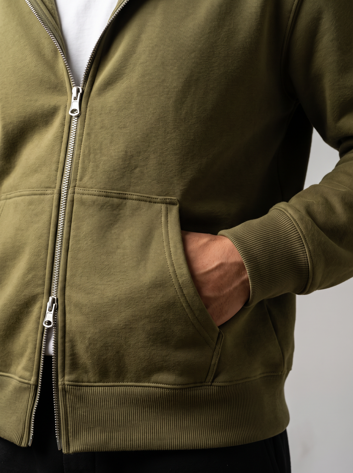 Double Zip Hoodie - Olive - Pulse Detail