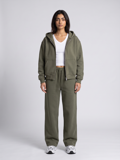 Double Zip Hoodie - Olive - Aura Set Front