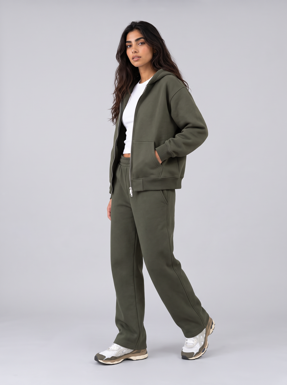 Full Set Double Zip Hoodie - Olive - Aura Set 30
