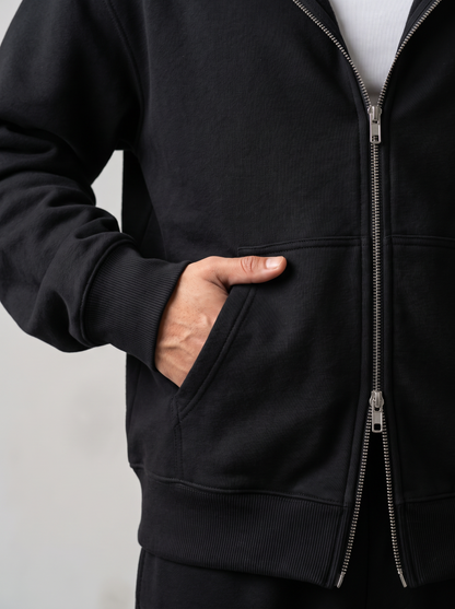Double Zip Hoodie - Black - Aura Detail