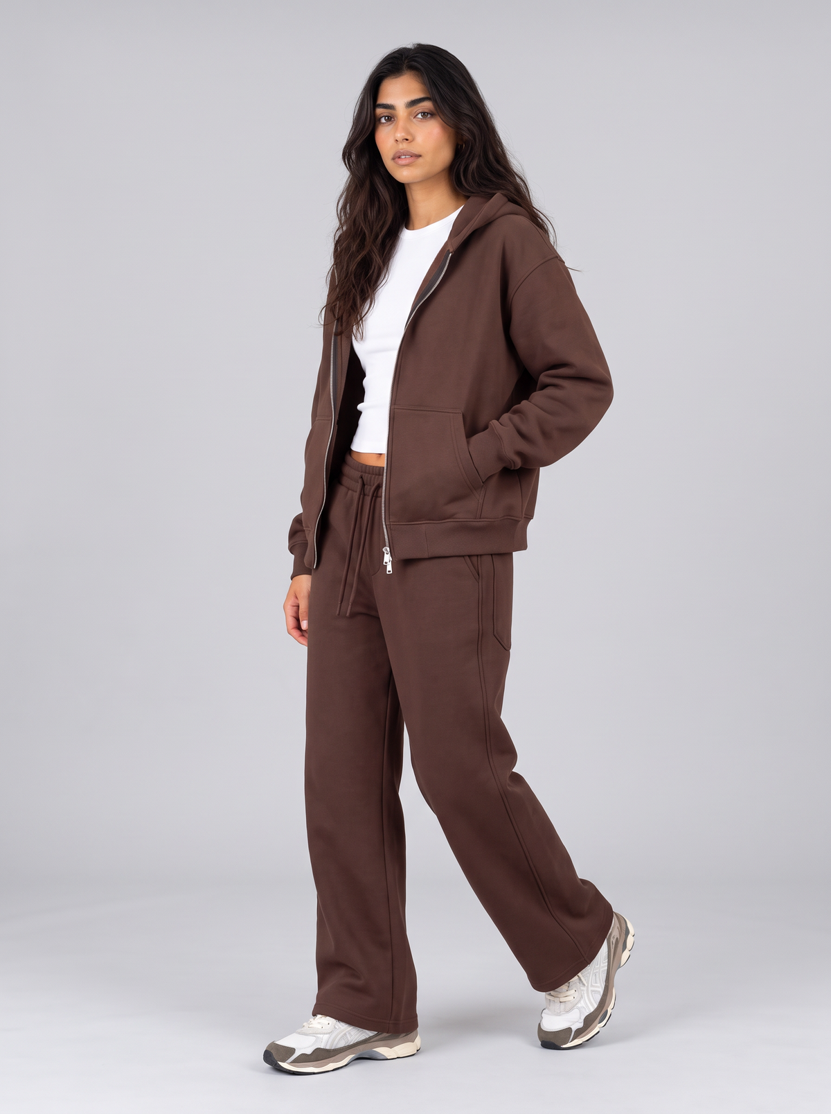 Full Set Double Zip Hoodie - Brown - Aura Set 30
