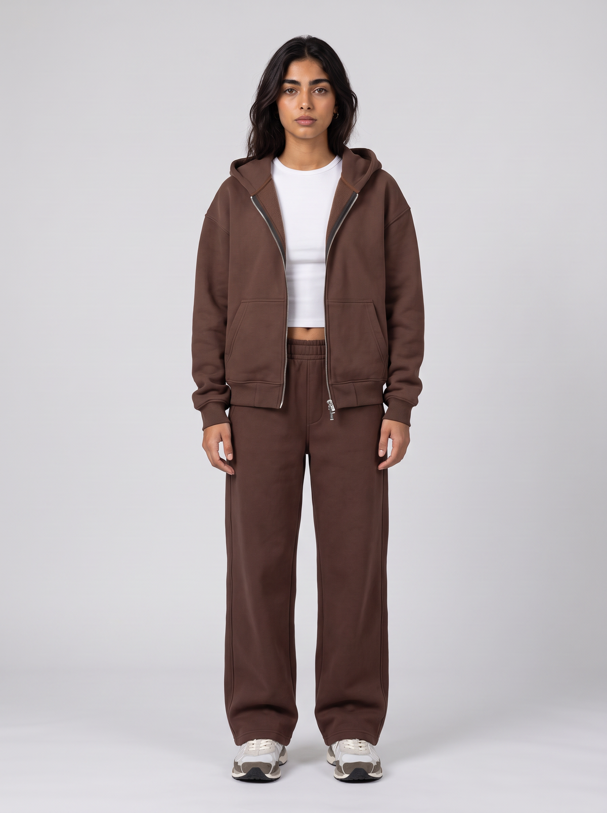 Full Set Double Zip Hoodie - Brown - Aura Set Front