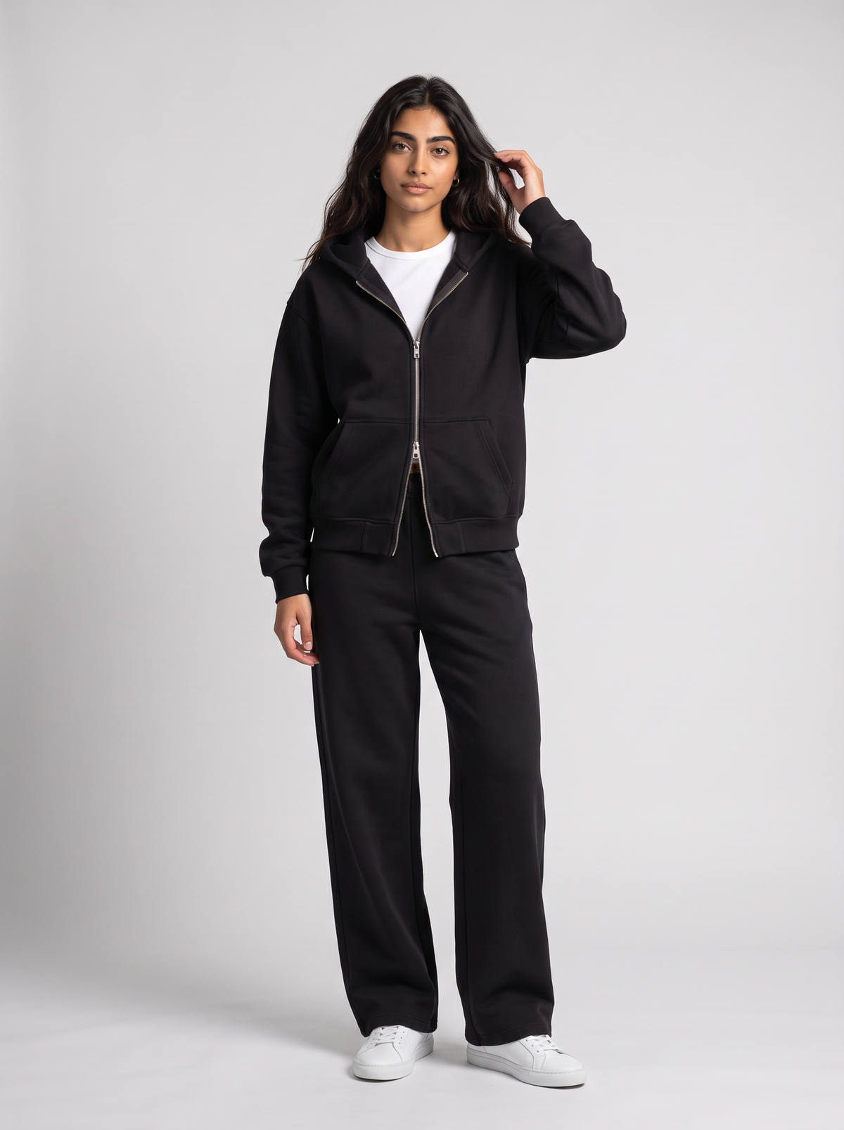 Full Set Double Zip Hoodie + Wide Leg - Black - women