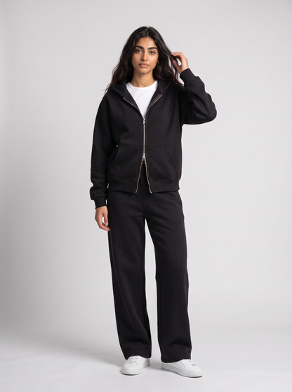 Full Set Double Zip Hoodie + Wide Leg - Black - women