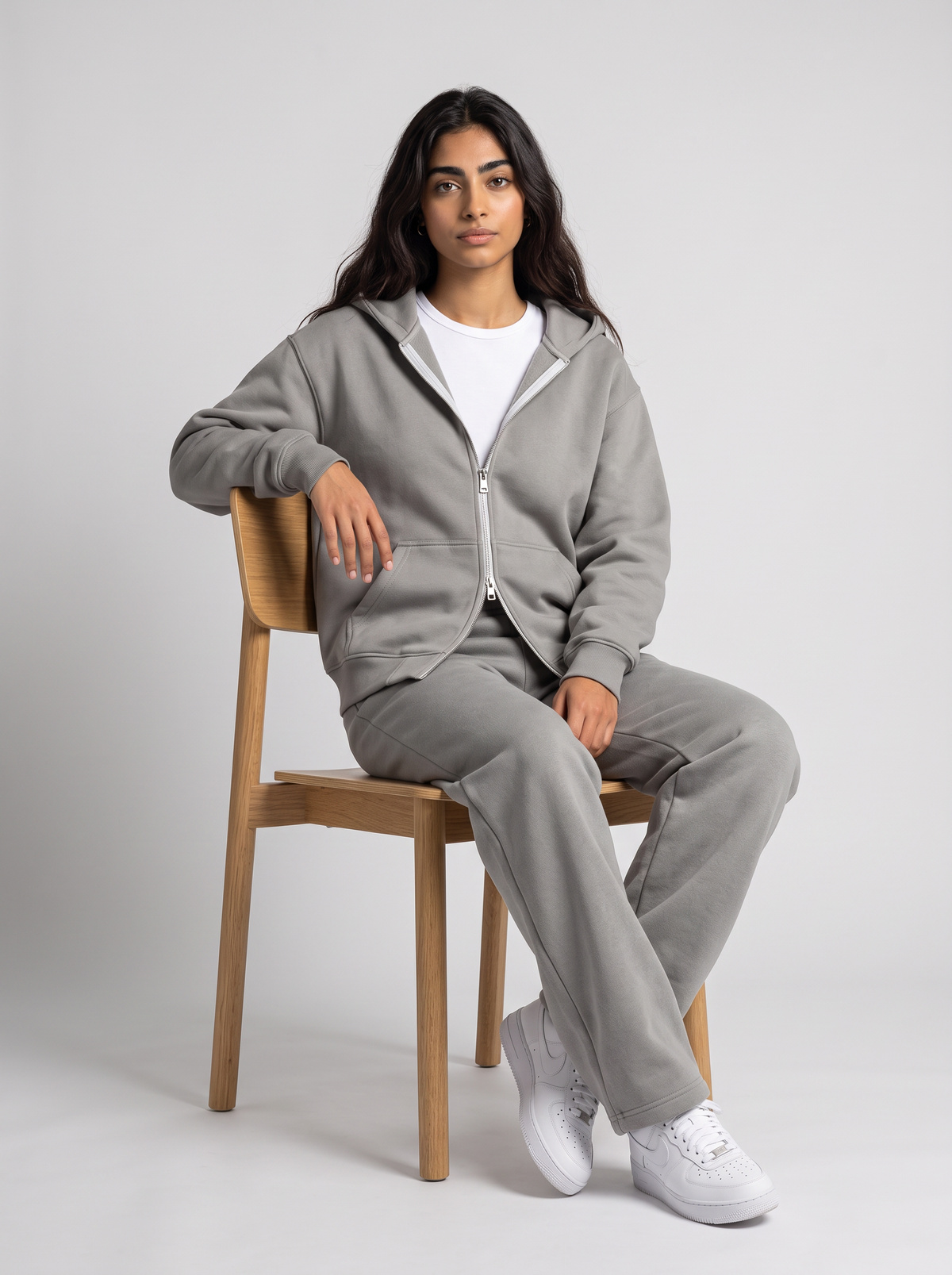 Full Set Double Zip Hoodie + Wide Leg - Grey - women