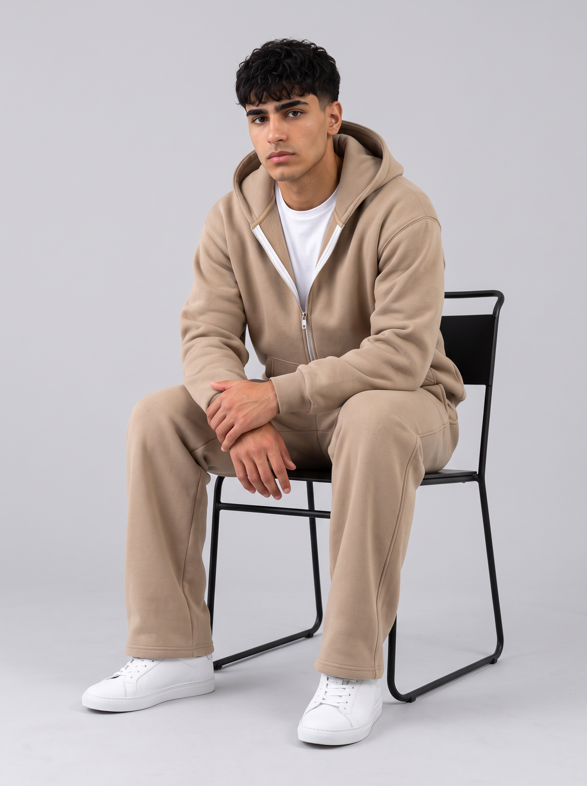 Full Set Double Zip Hoodie + Wide Leg - Beige - men