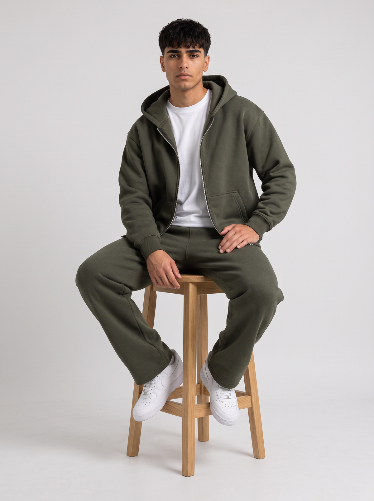 Full Set Double Zip Hoodie + Wide Leg - Olive - men