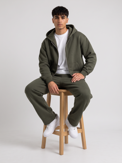 Full Set Double Zip Hoodie + Wide Leg - Olive - men