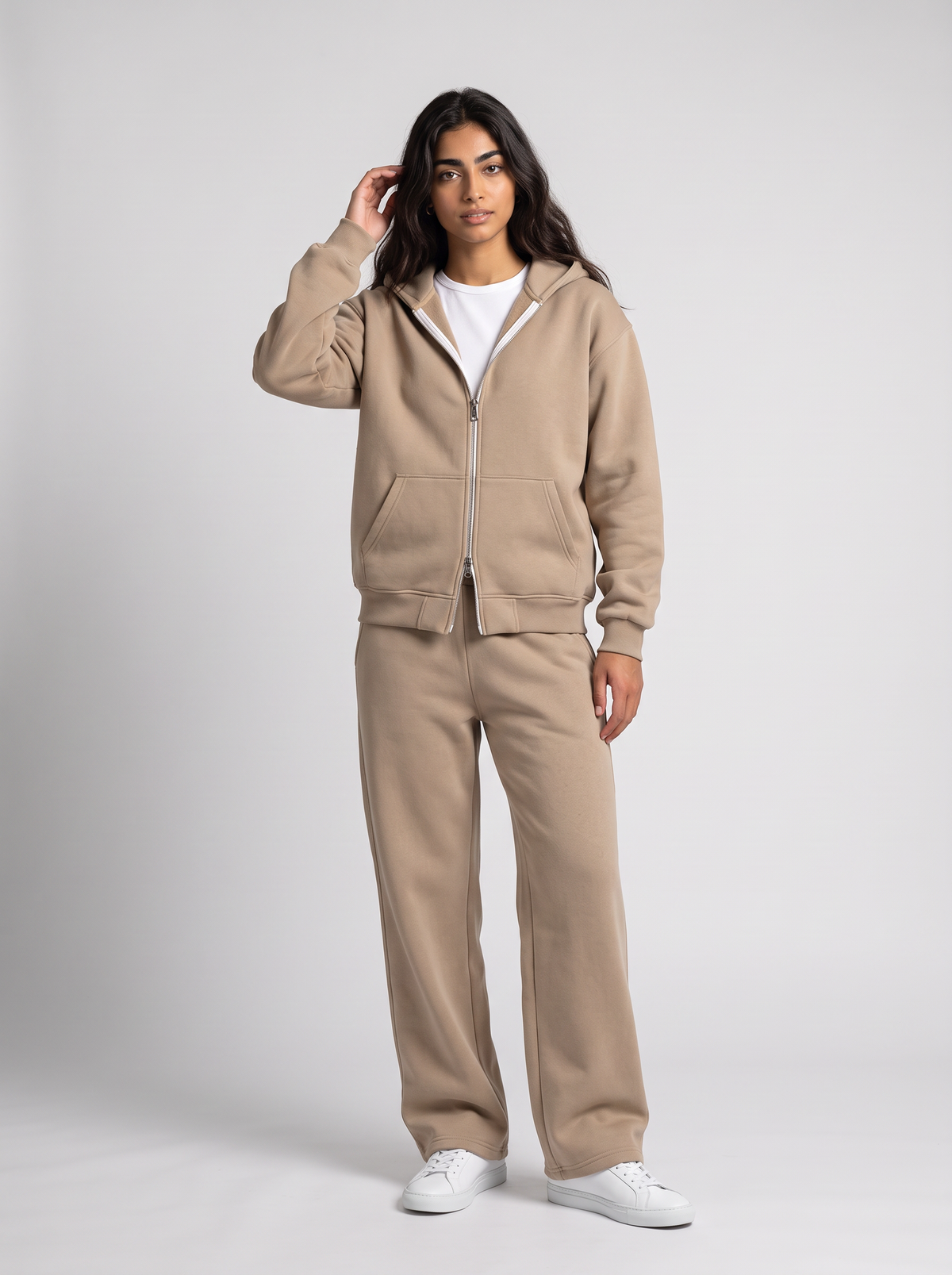 Full Set Double Zip Hoodie + Wide Leg - Beige - women