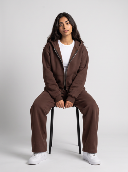 Full Set Double Zip Hoodie + Wide Leg - Brown - women