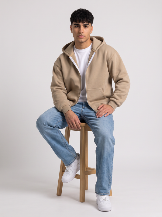 Double Zip Hoodie - Beige styled with jeans