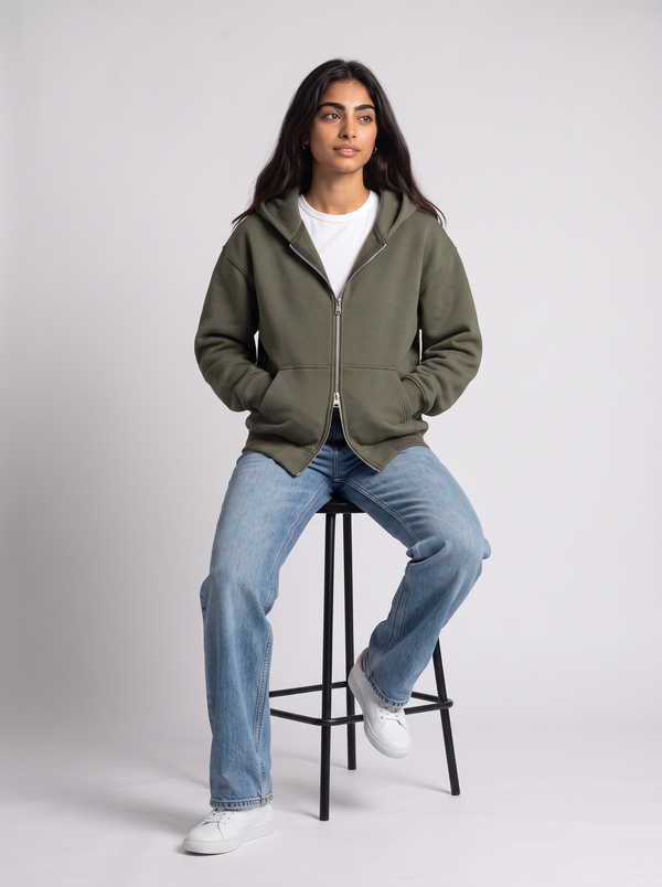 Double Zip Hoodie - Olive styled with jeans