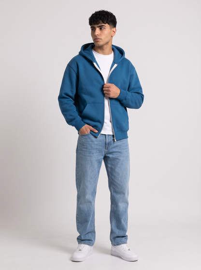 Double Zip Hoodie - Blue styled with jeans