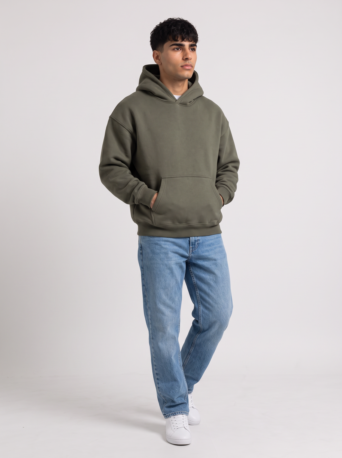 Oversized Hoodie - Olive styled with jeans