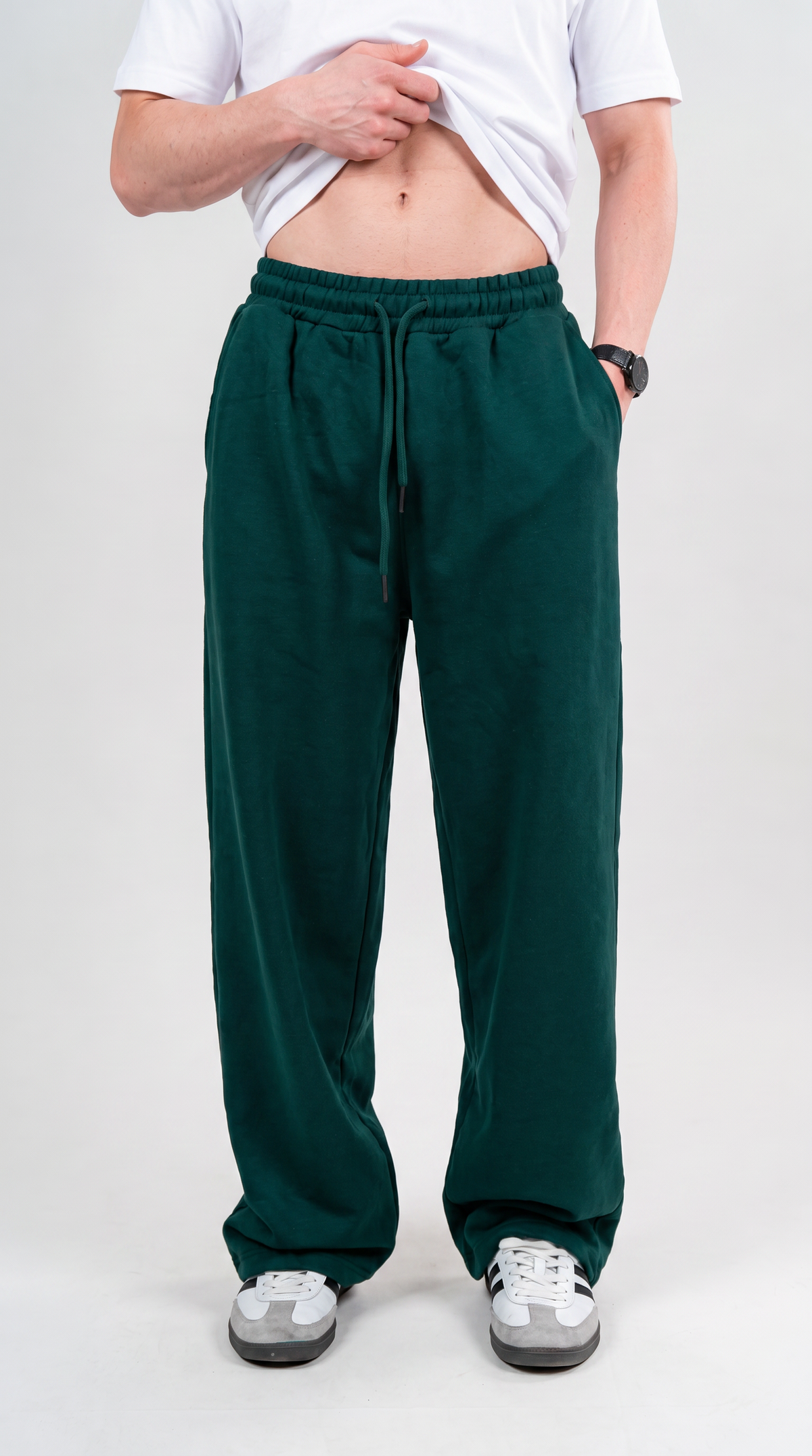 Wide Leg Melton Cotton Sweatpants - Dark Green