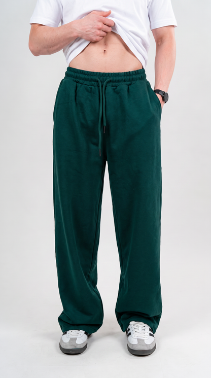 Wide Leg Melton Cotton Sweatpants - Dark Green
